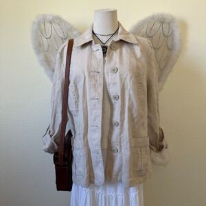 Beige 100% Linen Button Up Utility Safari Jacket Neutral Earthy Shacket